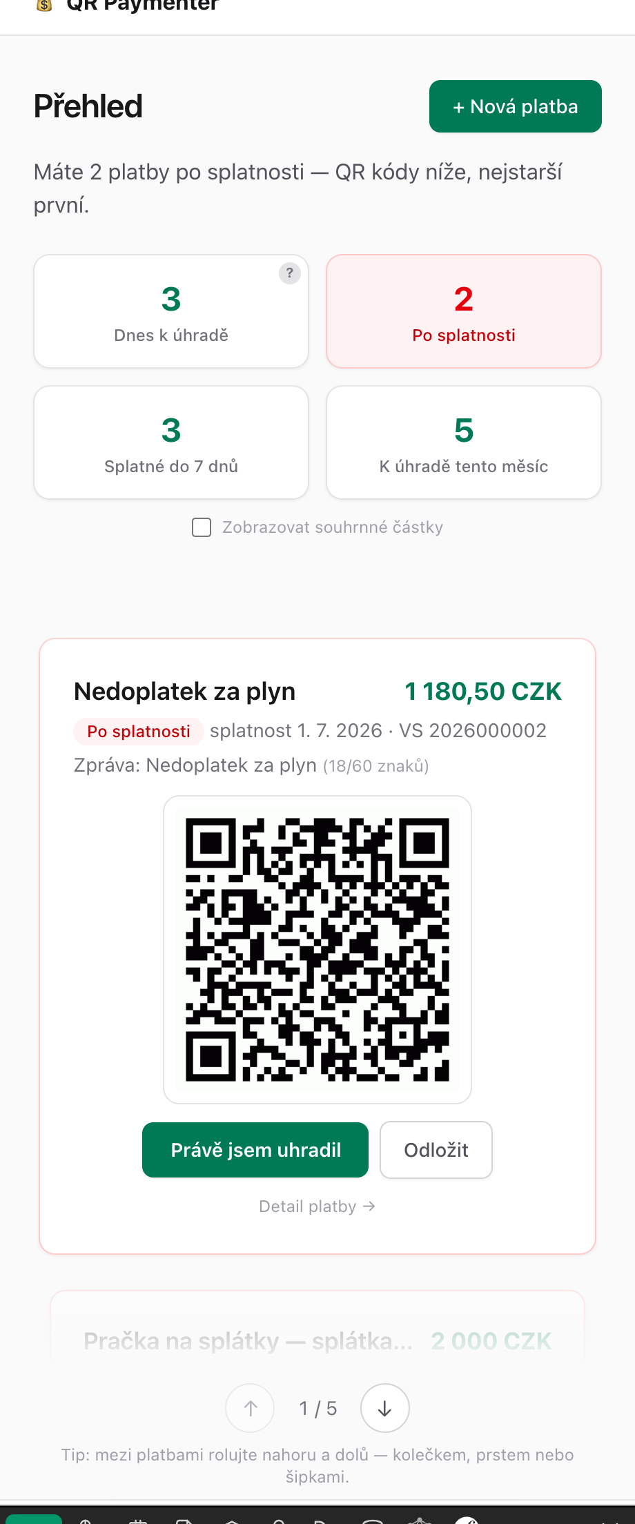 Přehled QR Payminderu